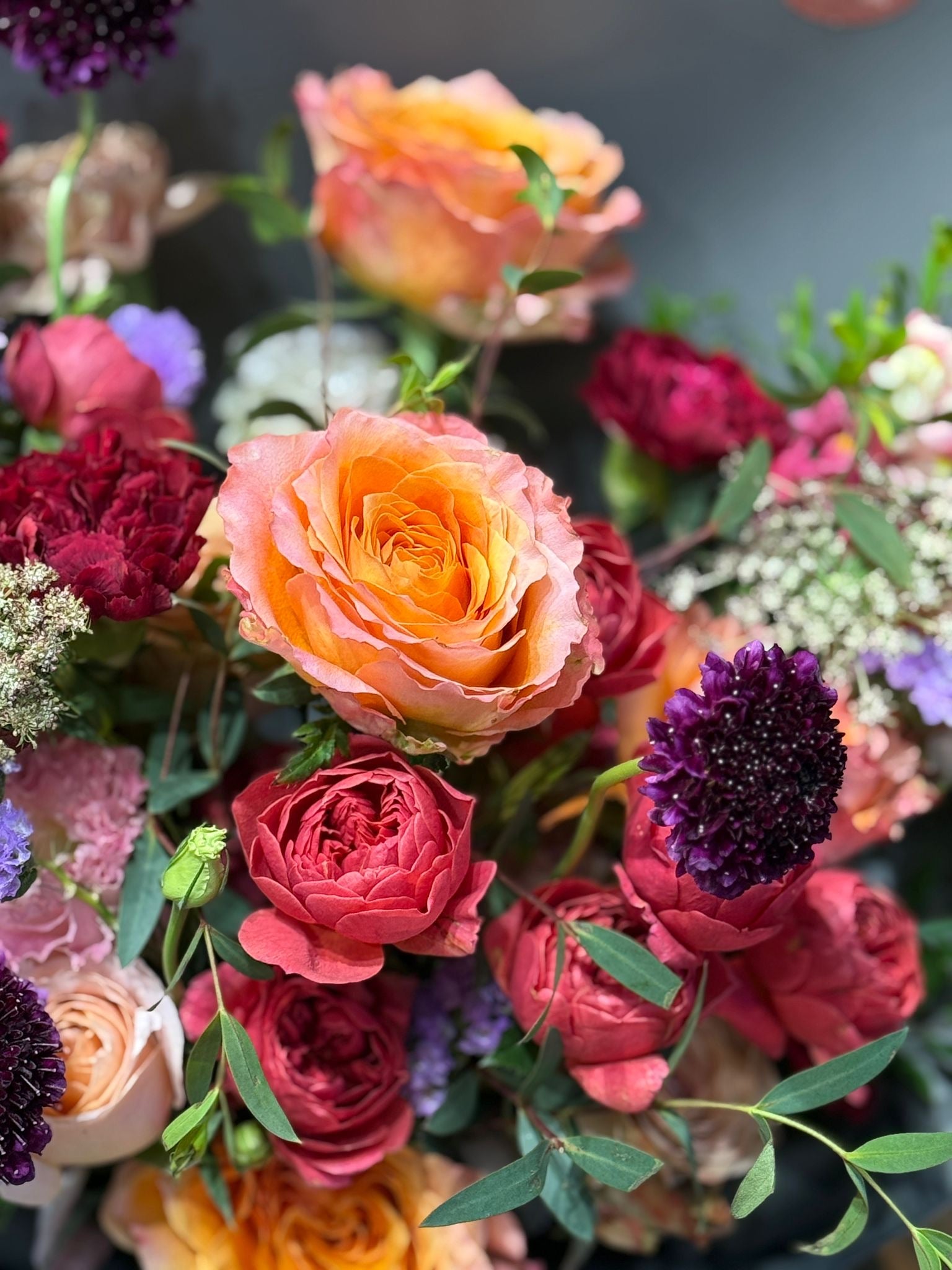 A close-up of the "Crimson Muse" deluxe gentleman's bouquet featuring vintage orange-pink roses and dark purple scabiosa flowers, elegantly wrapped in matte black paper.